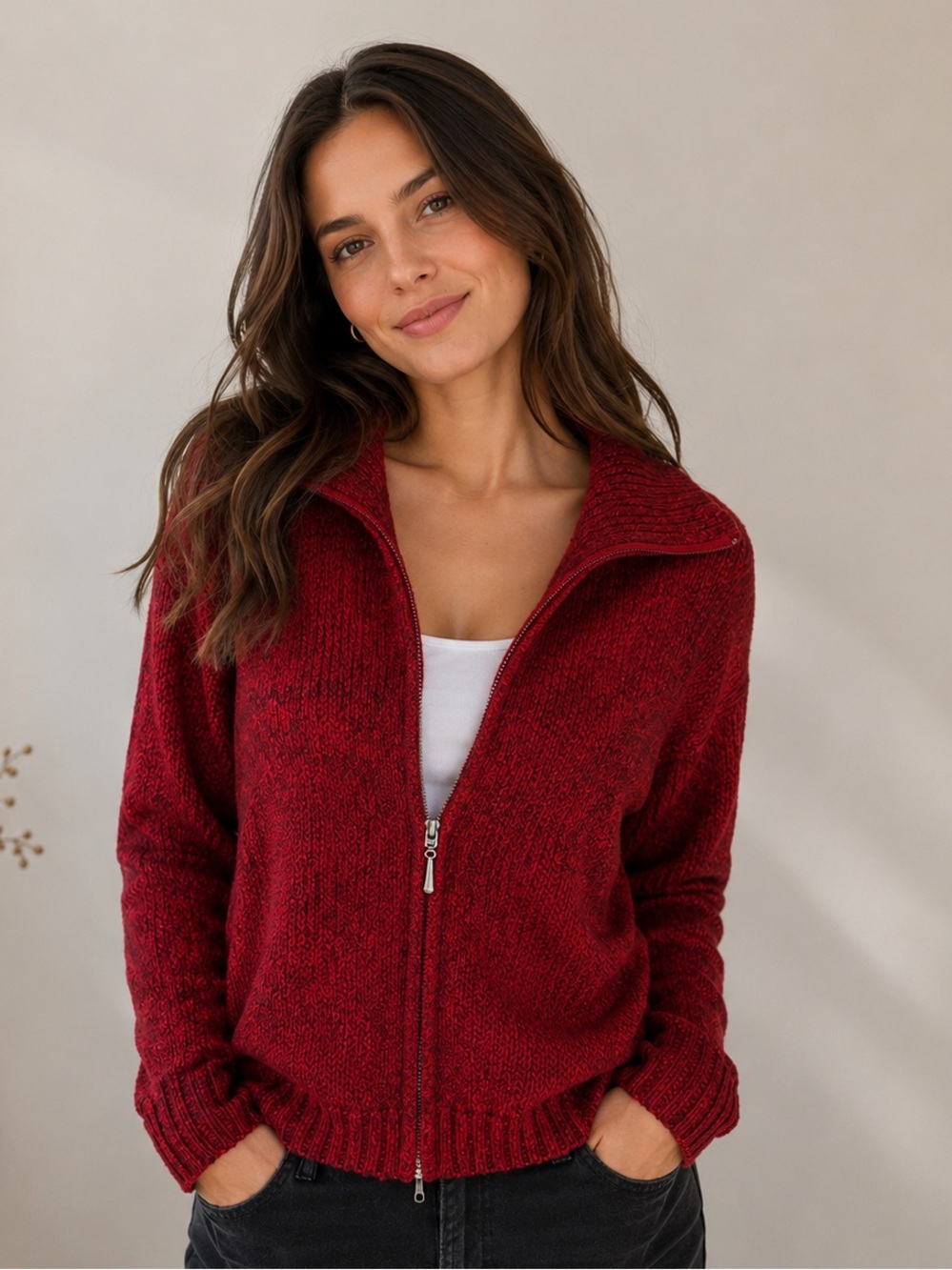 Karen Scott Women’s M Red Marled Knit Full Zip Sweater Cardigan Shawl Collar
